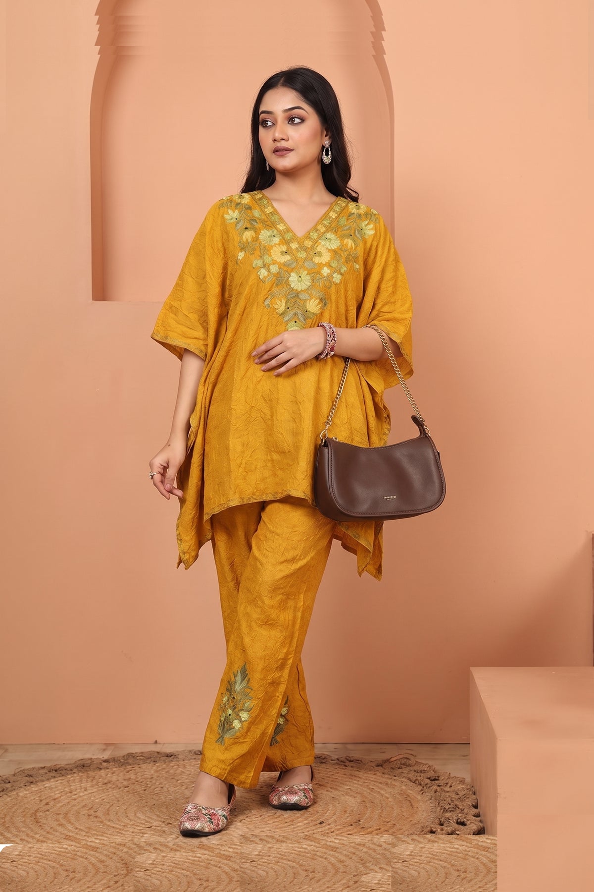 Mustard Yellow Magic: Kashmiri Kaftan Co-Ord Set for Festive Elegance
