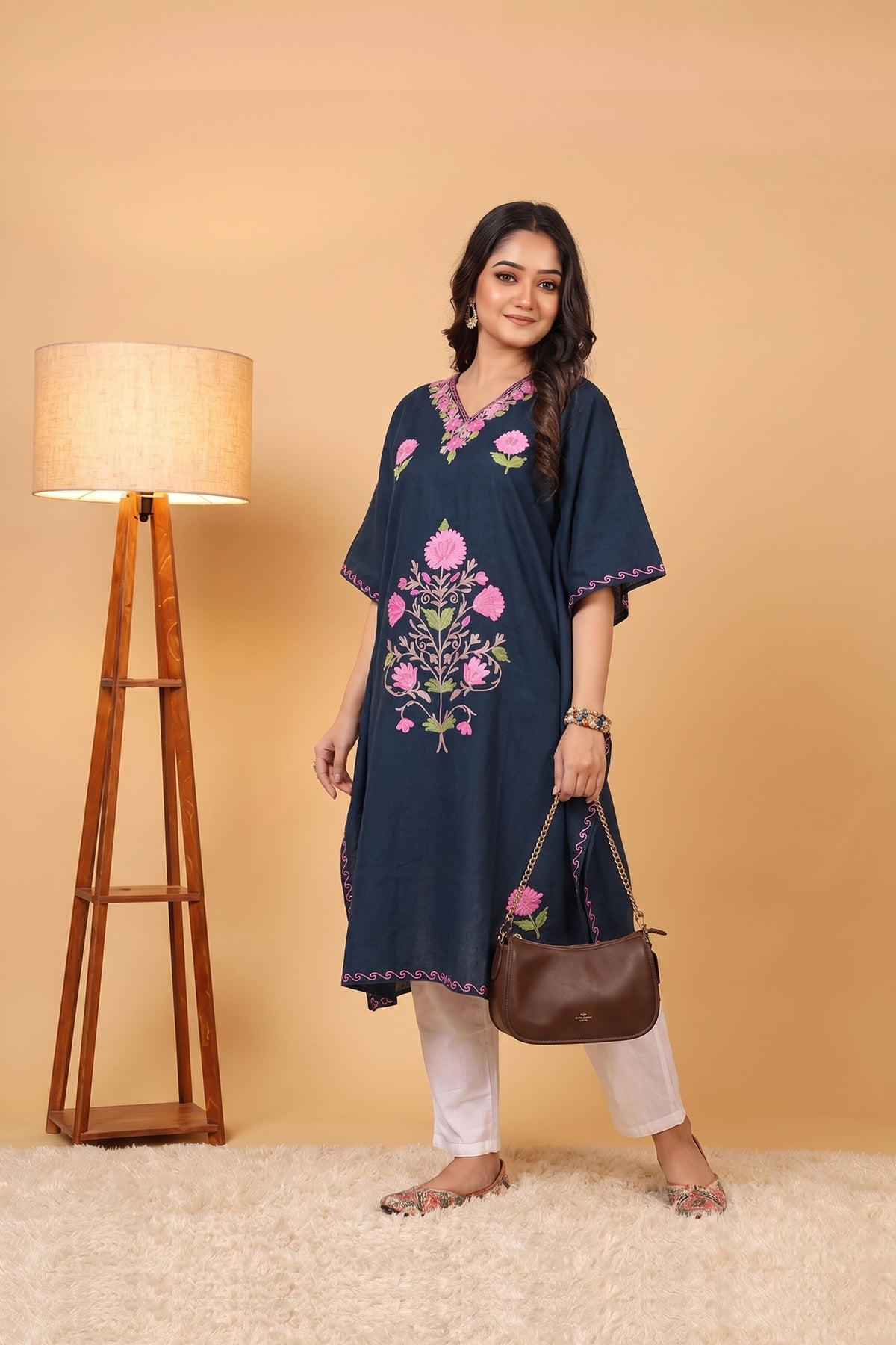 Navy Blue Multi-Floral Knee Length Kaftan – Festive Elegance