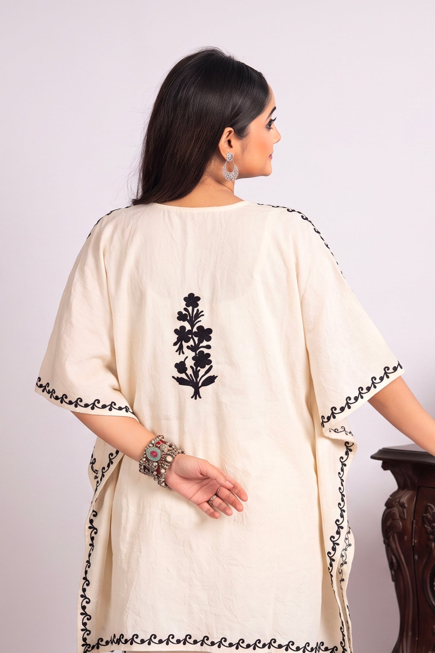 Black & White Kashmiri Aari Work Kaftan Co-Ord Set