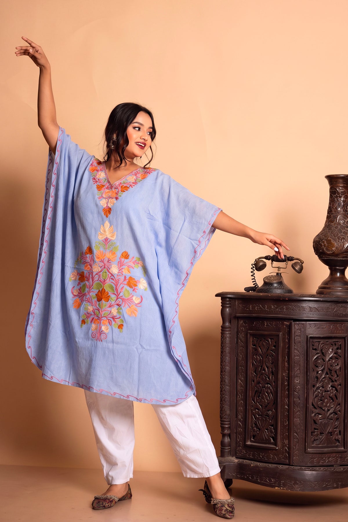 Sky Blue Embroidered Knee Kaftan Top