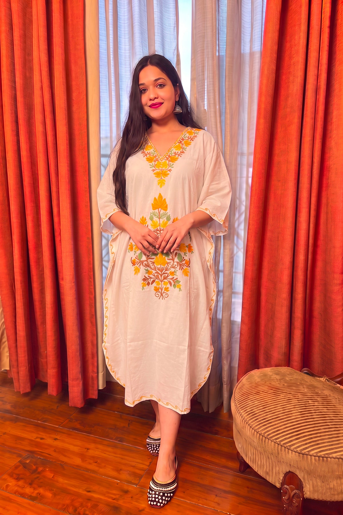 Ivory Cream Color Embroidered Knee Kaftan