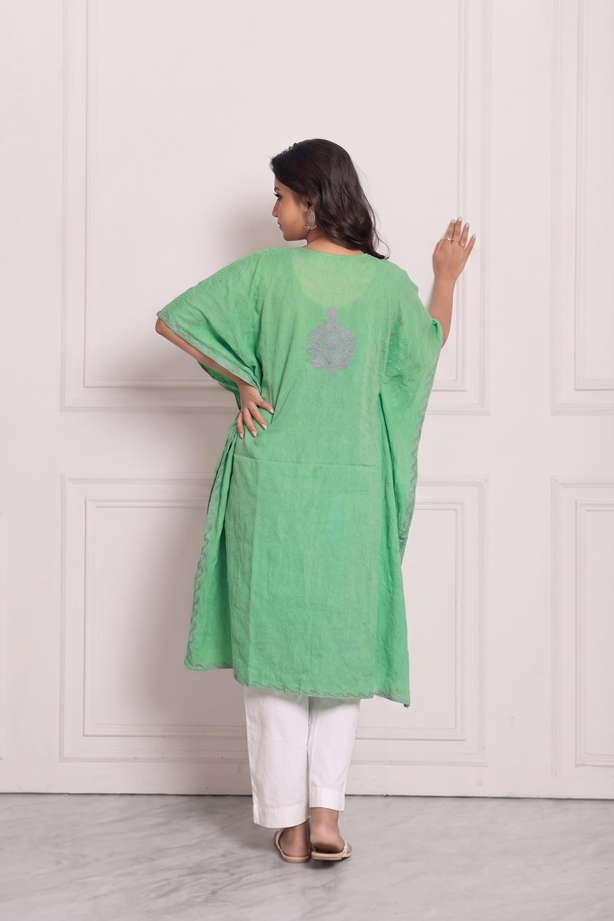 Bottle Green Kashmiri Knee Kaftan – Handcrafted Ethnic Summer Outfit