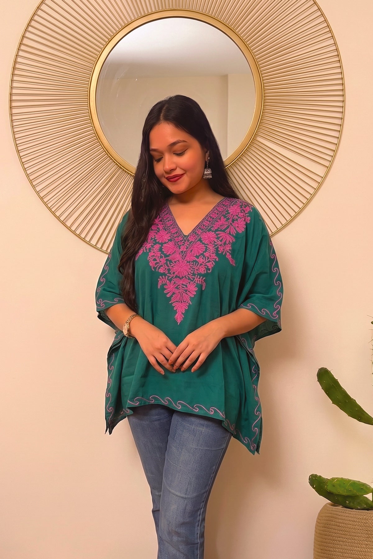 Kashmiri Green Velvet Mini Kaftan – Intricate Floral Aari Work
