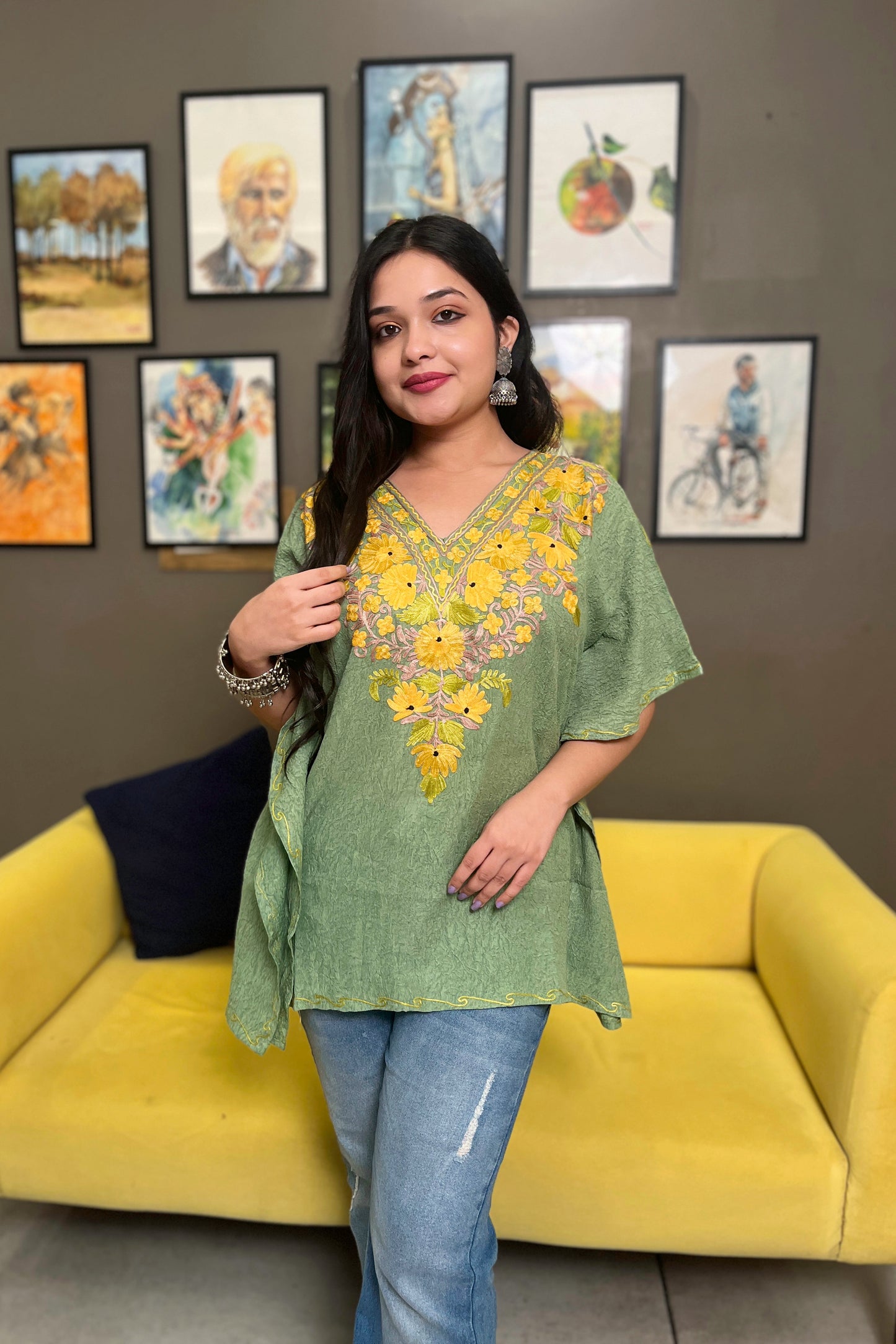Kashmiri Aari Work Multi Green Kaftan Top