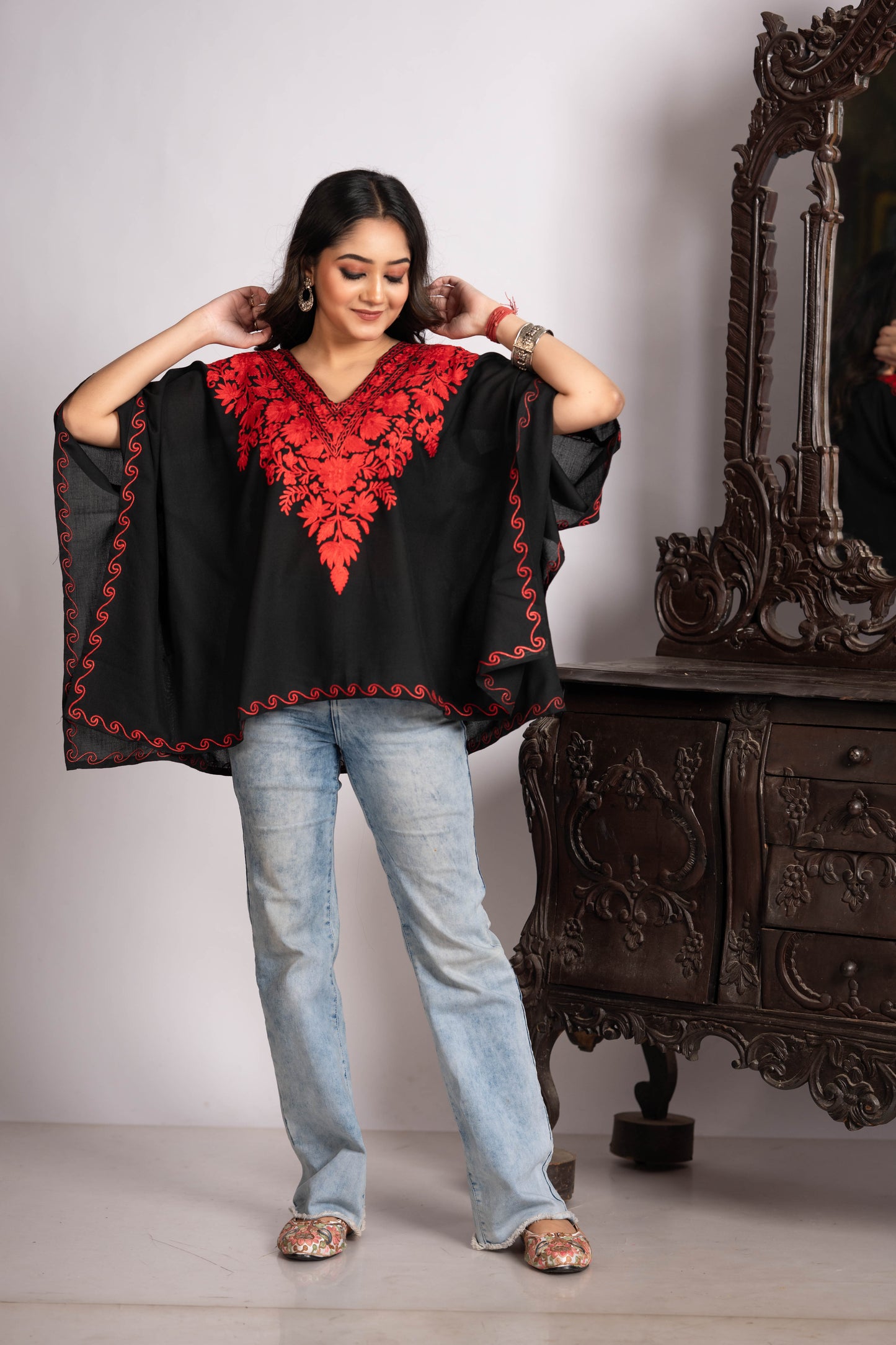 Kashmiri Aari Work Black Kaftan Top