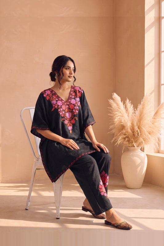 Elegant Black & Pink Kashmiri Aari Embroidered Kaftan Set
