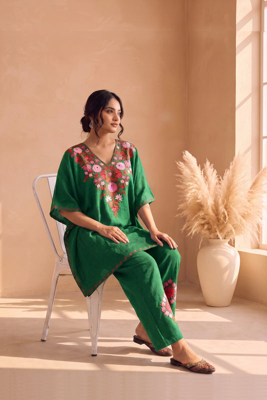 Festive Bottle Green Kashmiri Aari Work Kaftan Set
