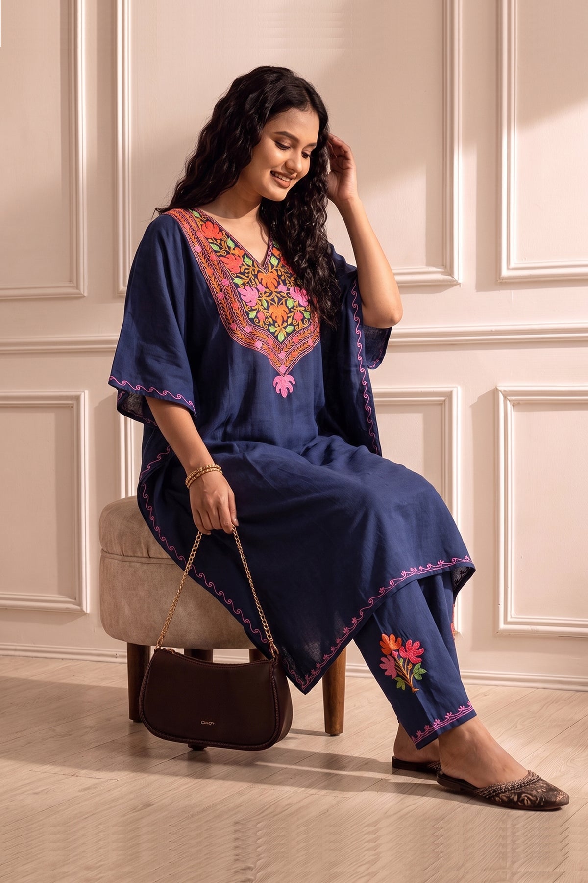 Navy Blue Embroidered Knee Kaftan Set