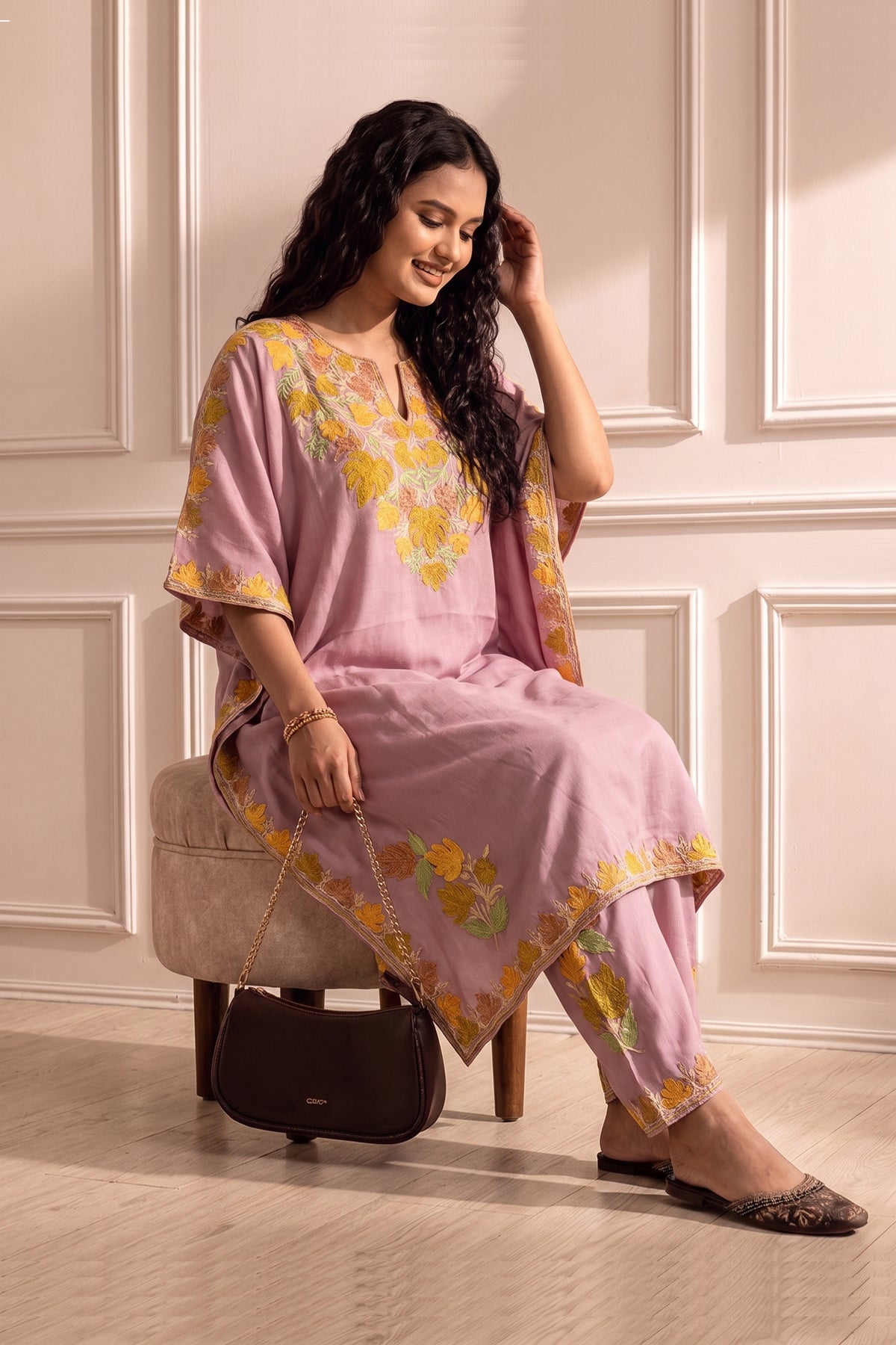 Kashmiri Aari Work Knee Length Kaftan Coord Set