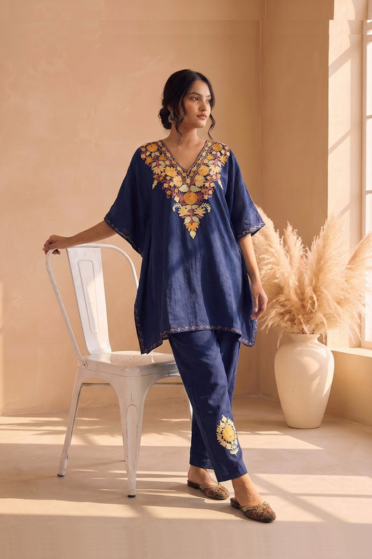 Navy Blue Kashmiri Aari Embroidered Kaftan Co-ord Set