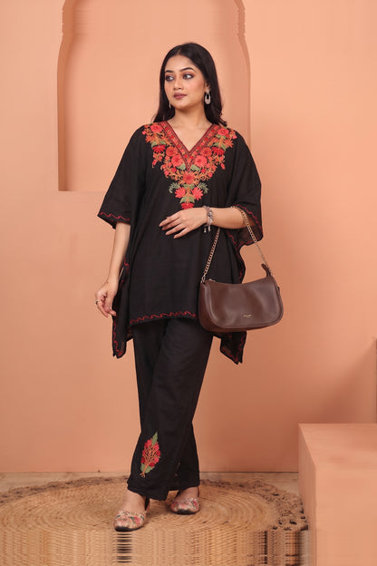 Black Kashmiri Aari Work Kaftan Co-Ord Set