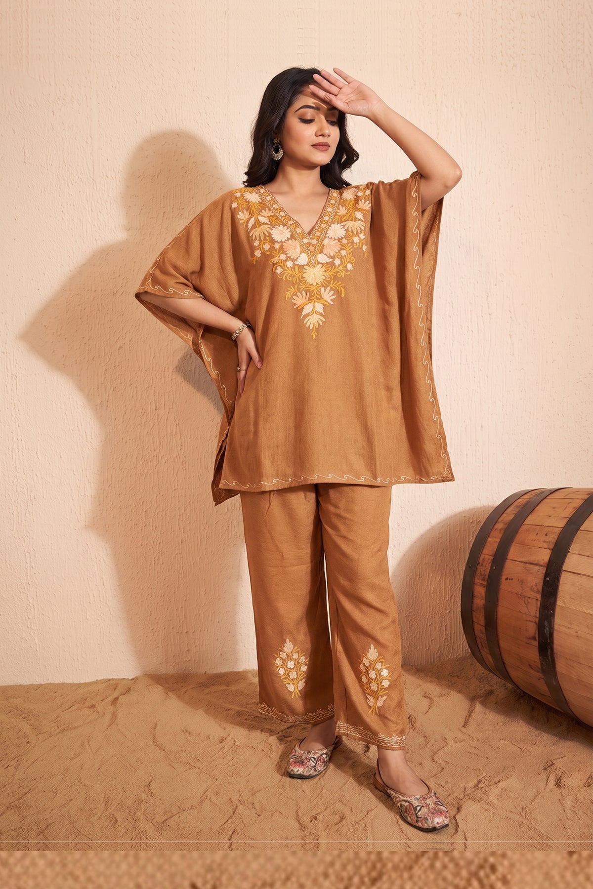 Brownish Traditional Kashmiri Kaftan Set With Embroidery