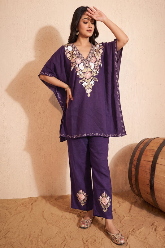 Deep Purple Kashmiri Kaftan Coord Set