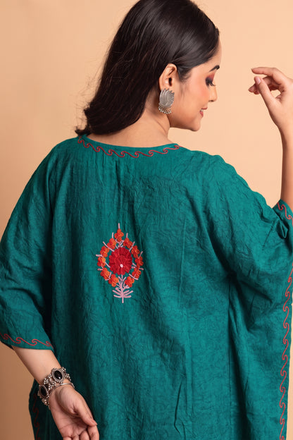 Peacock Blue Kashmiri Kaftan Coord Set –