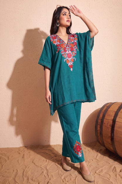 Peacock Blue Kashmiri Kaftan Coord Set –