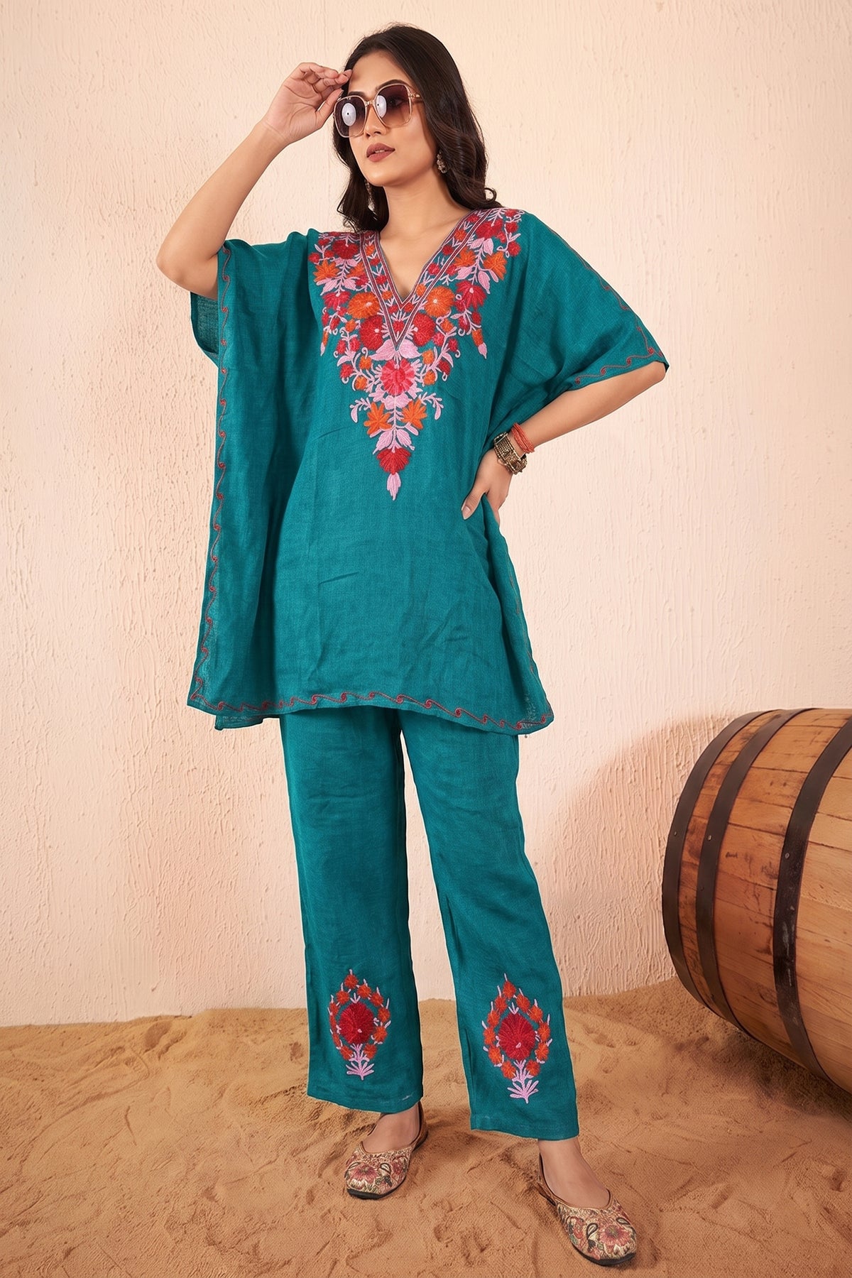 Peacock Blue Kashmiri Kaftan Coord Set –