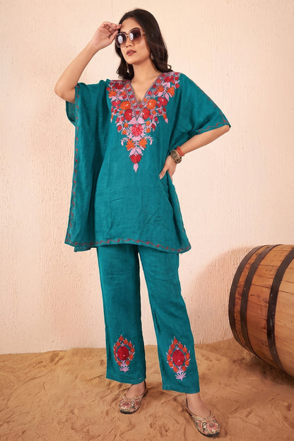 Peacock Blue Kashmiri Kaftan Coord Set –