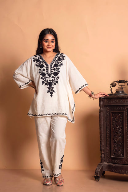 Black & White Kashmiri Aari Work Kaftan Co-Ord Set