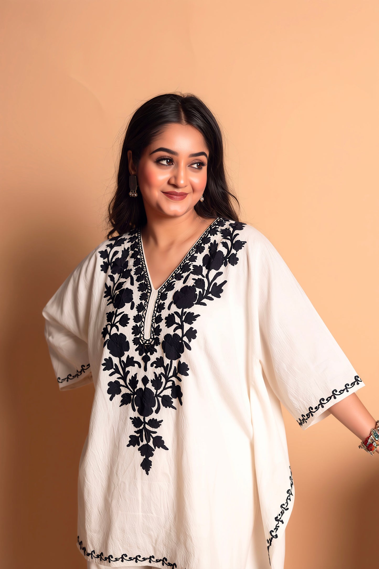 Black & White Kashmiri Aari Work Kaftan Co-Ord Set