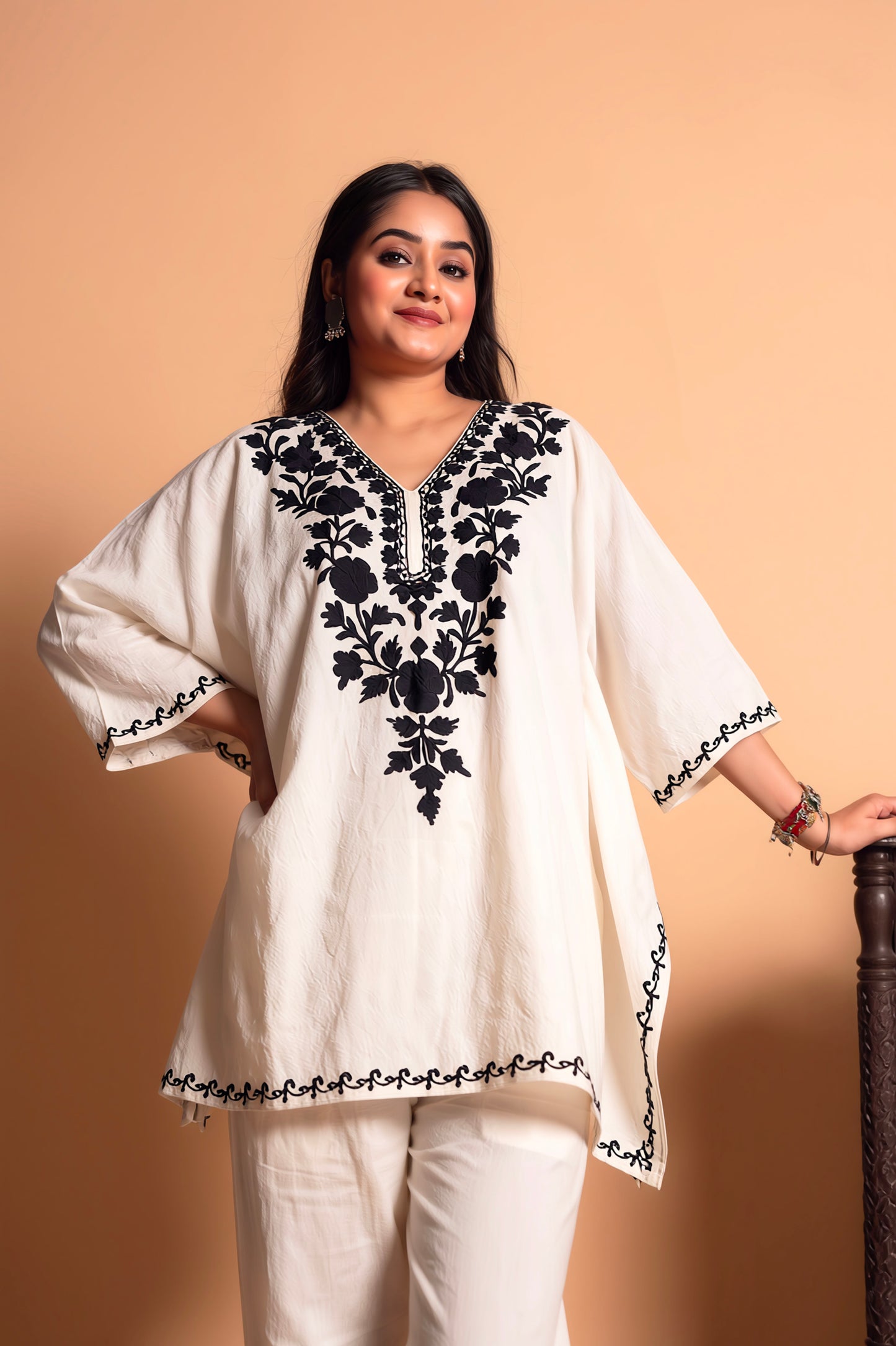 Black & White Kashmiri Aari Work Kaftan Co-Ord Set