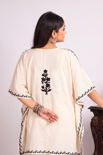 Black & White Kashmiri Aari Work Kaftan Co-Ord Set