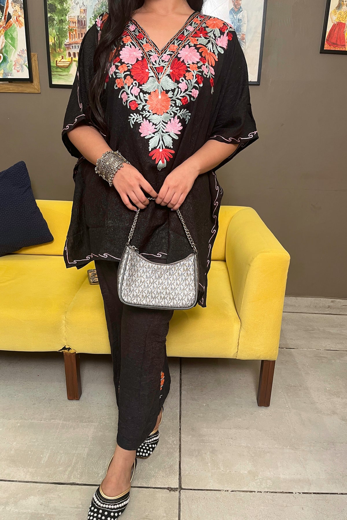 Black Multi Floral Kaftan Coord Set – A Festive Blend of Tradition & Elegance