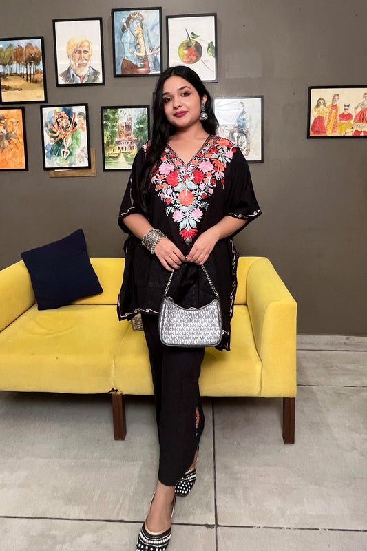 Black Multi Floral Kaftan Coord Set – A Festive Blend of Tradition & Elegance