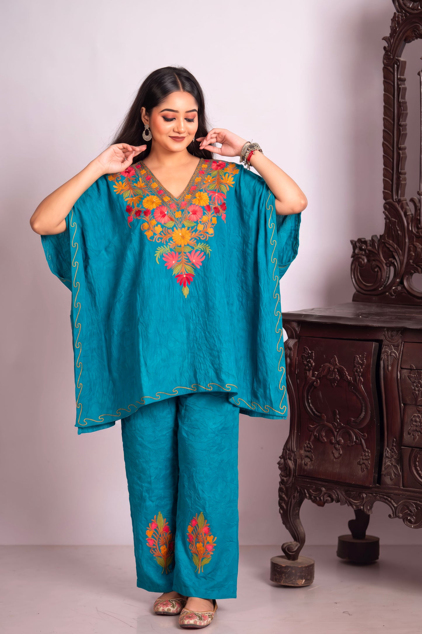Luxury Peacock Kashmiri Aari Work Kaftan Co-Ord Set for Women