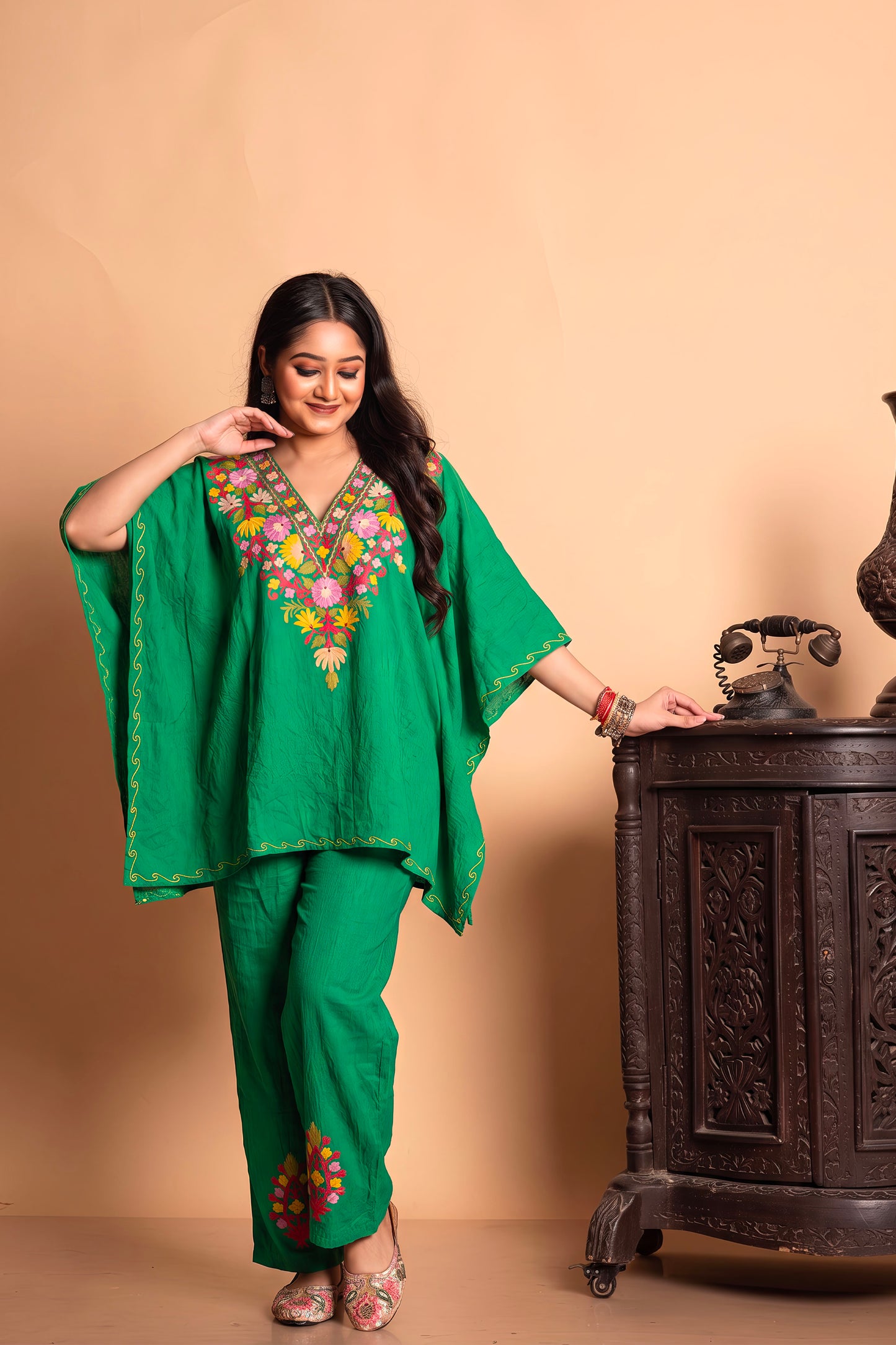 Premium Multi Green Kashmiri Aari Work Kaftan Coord Set