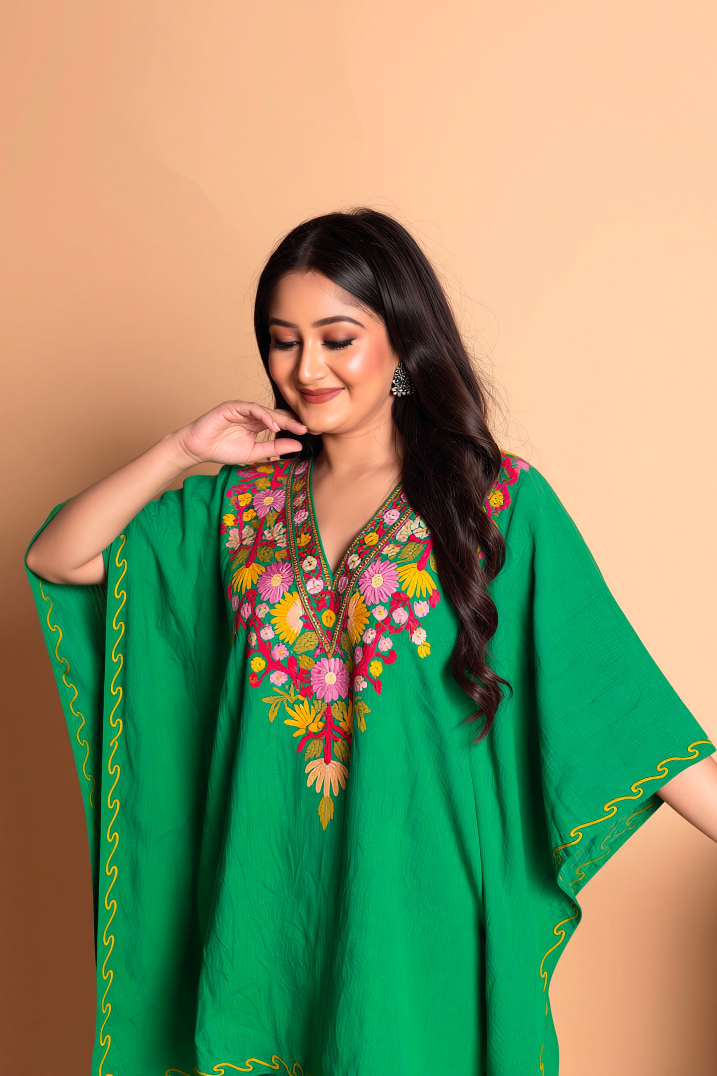 Premium Multi Green Kashmiri Aari Work Kaftan Coord Set