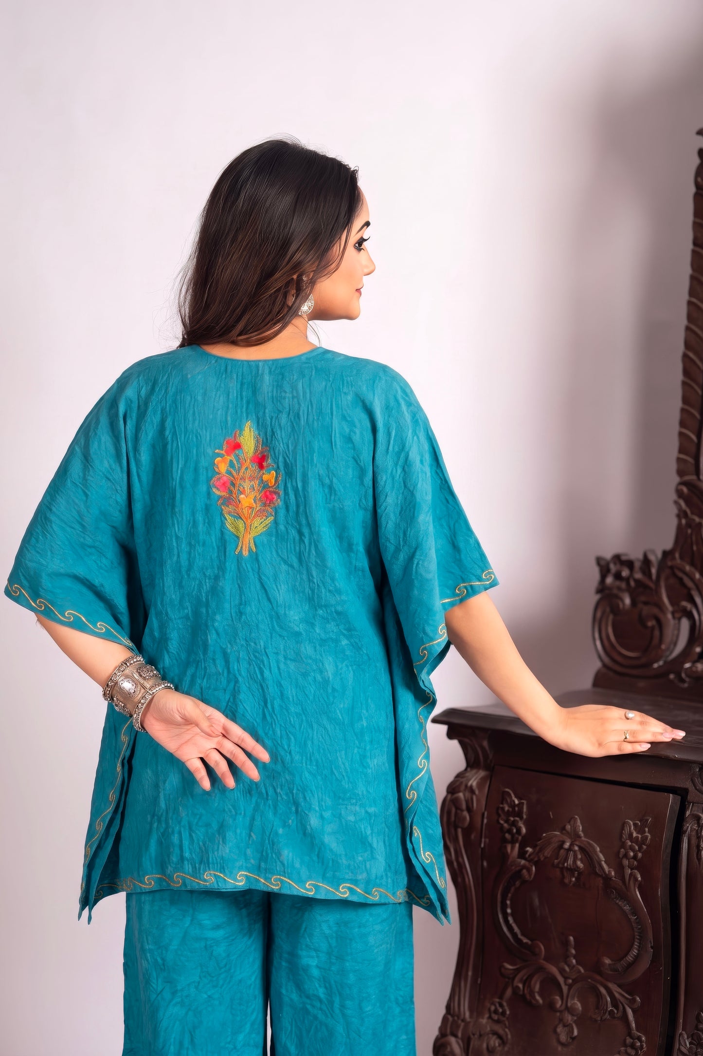 Luxury Peacock Kashmiri Aari Work Kaftan Co-Ord Set for Women