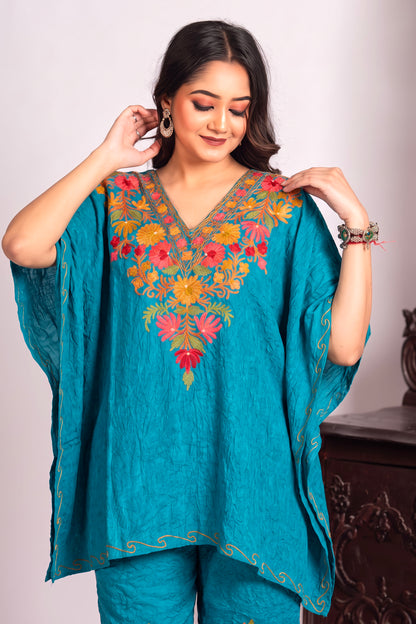 Luxury Peacock Kashmiri Aari Work Kaftan Co-Ord Set for Women