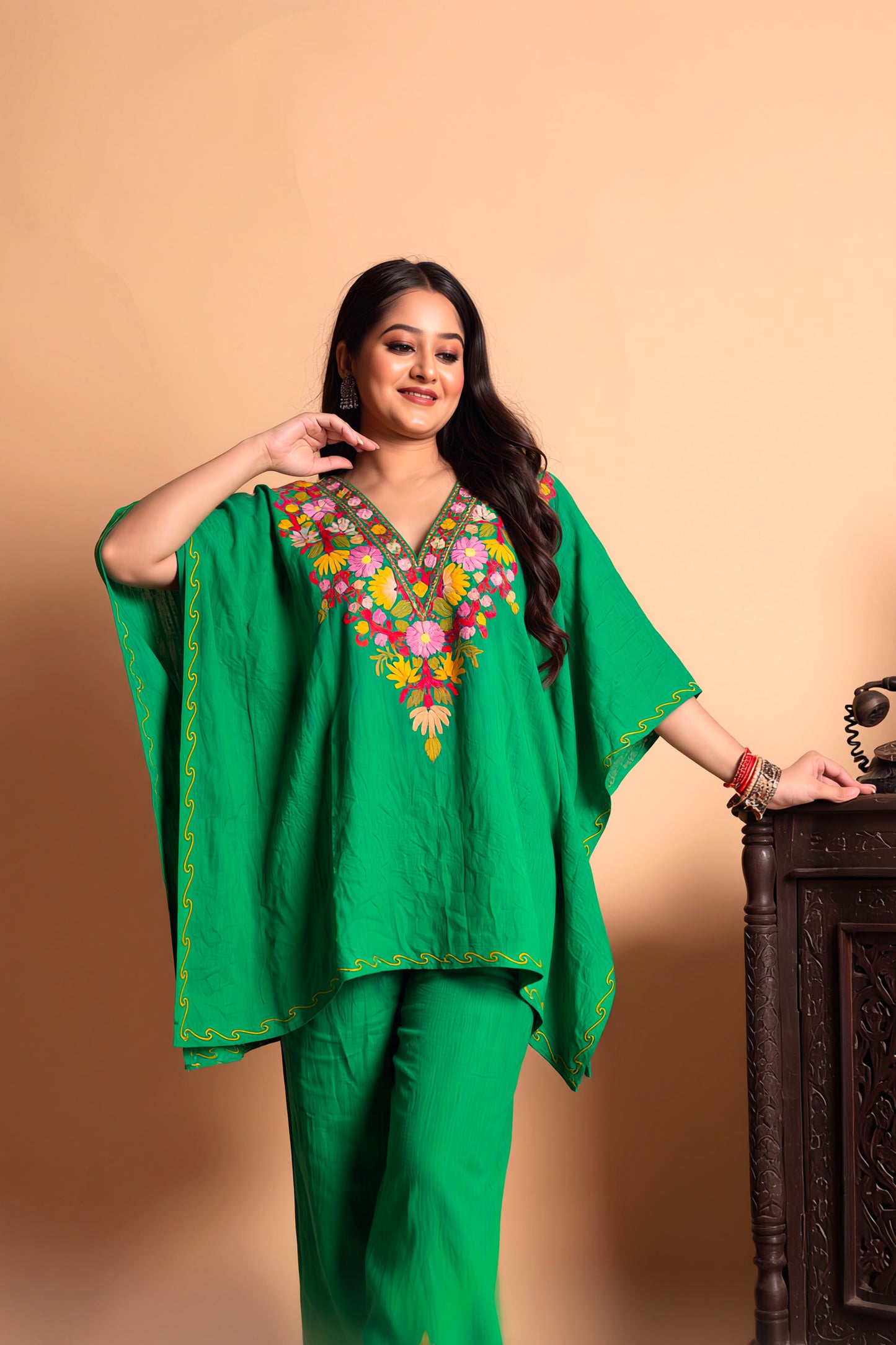 Premium Multi Green Kashmiri Aari Work Kaftan Coord Set