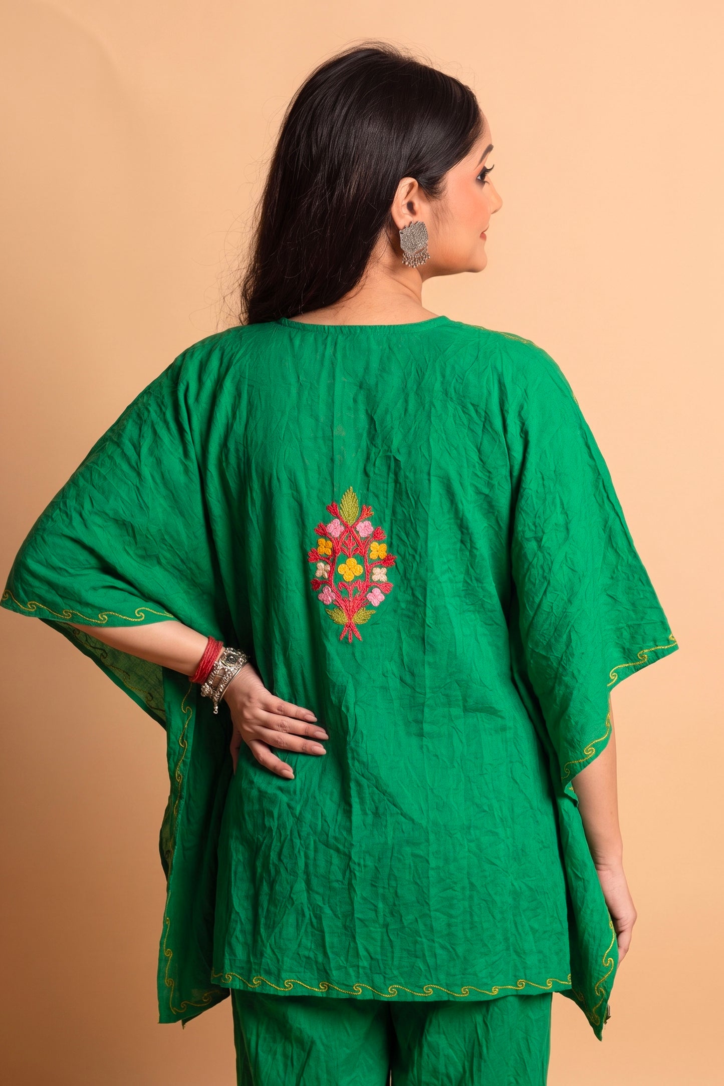 Premium Multi Green Kashmiri Aari Work Kaftan Coord Set