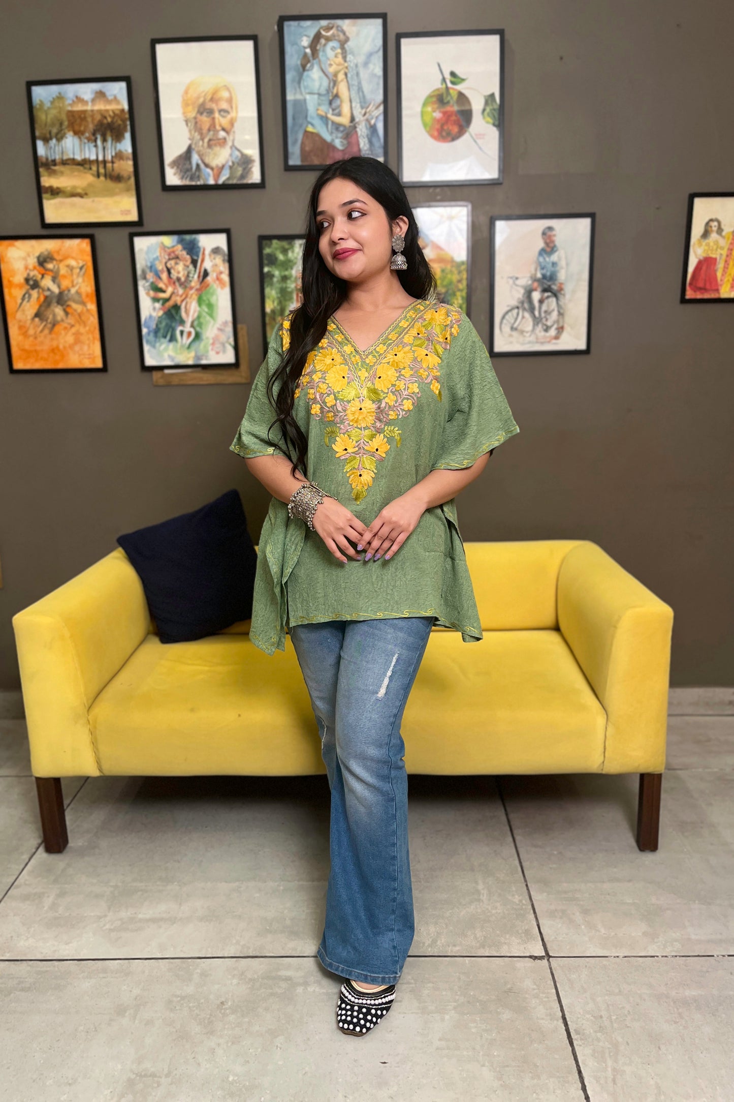 Kashmiri Aari Work Multi Green Kaftan Top