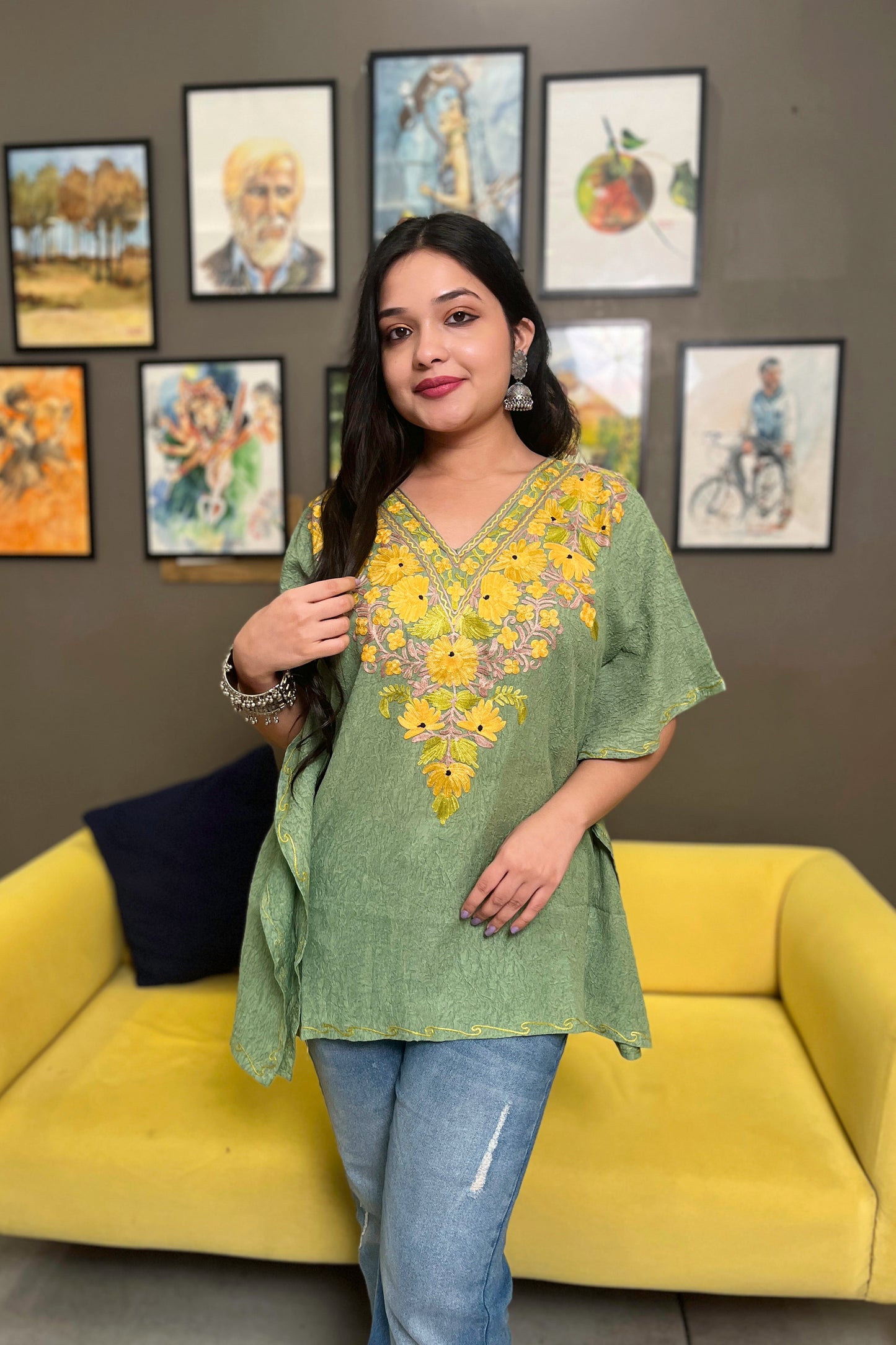 Kashmiri Aari Work Multi Green Kaftan Top