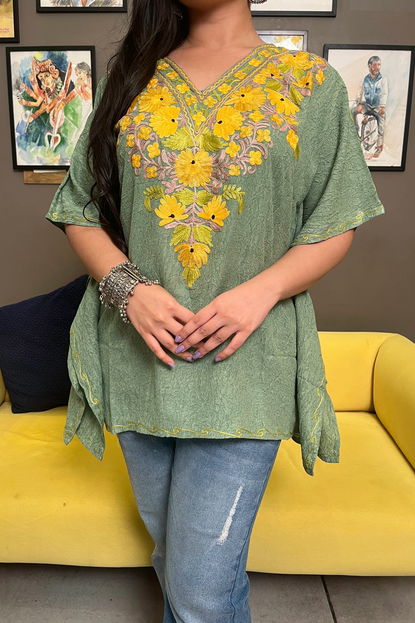 Kashmiri Aari Work Multi Green Kaftan Top