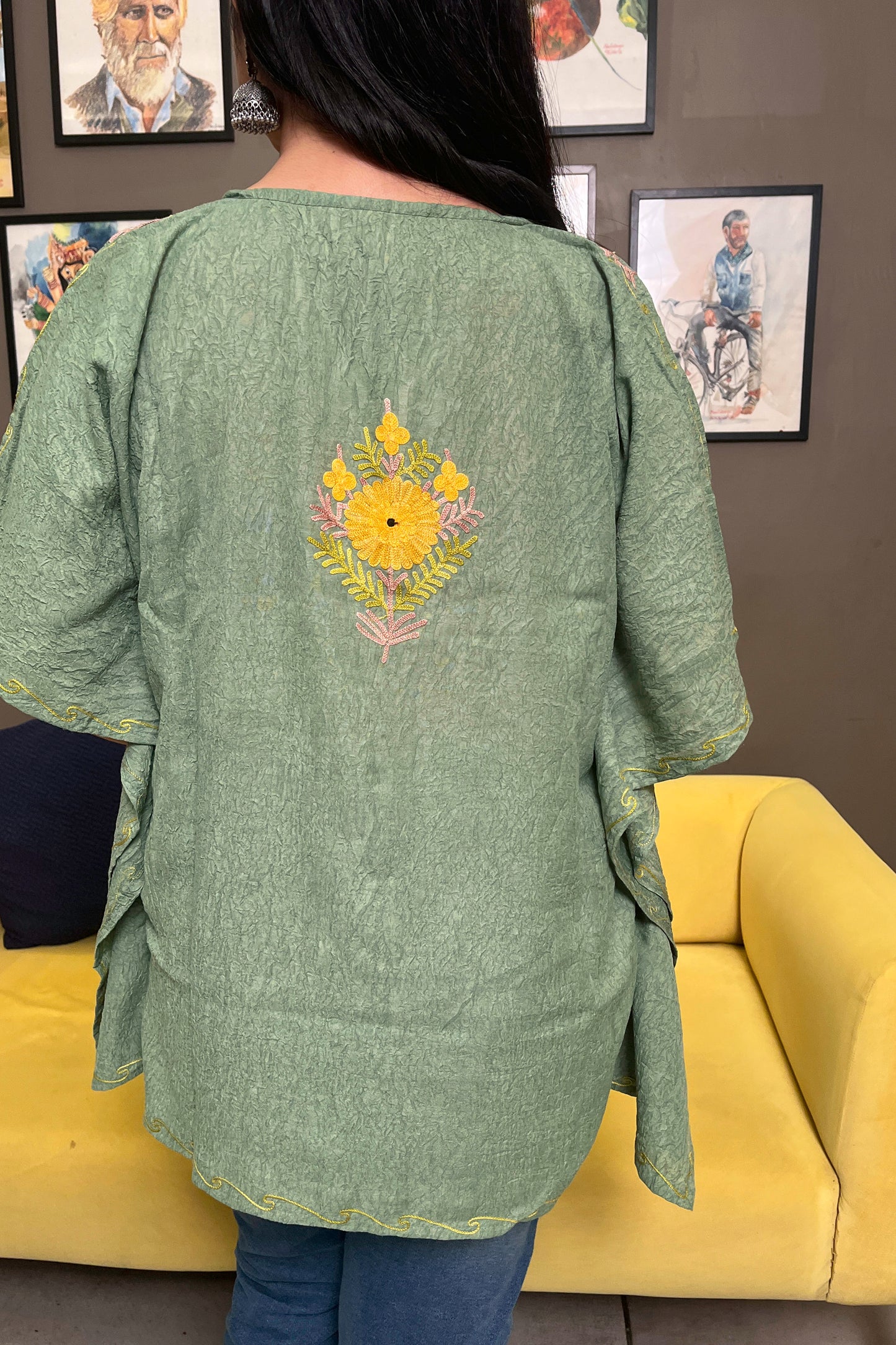 Kashmiri Aari Work Multi Green Kaftan Top