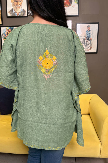 Kashmiri Aari Work Multi Green Kaftan Top