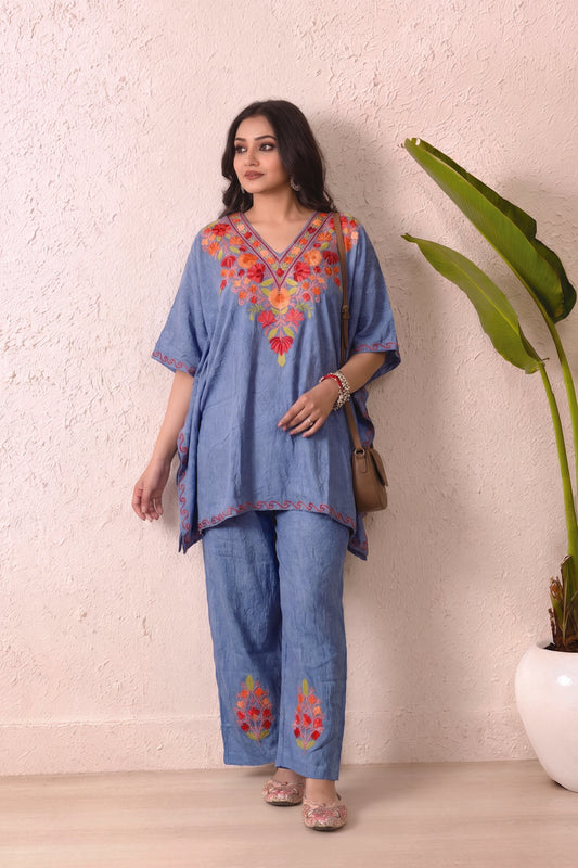 Festive Kashmiri Kaftan Coord Set || Floral Aari Work for Effortless Elegance