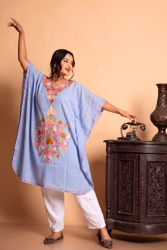 Sky Blue Embroidered Knee Kaftan Top