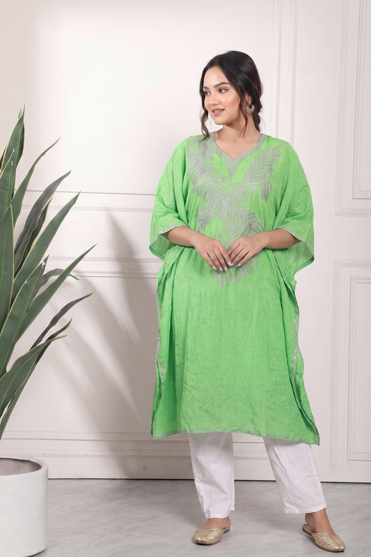 Bottle Green Kashmiri Knee Kaftan – Handcrafted Ethnic Summer Outfit