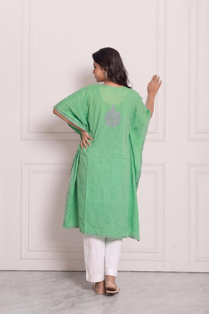 Bottle Green Kashmiri Knee Kaftan – Handcrafted Ethnic Summer Outfit