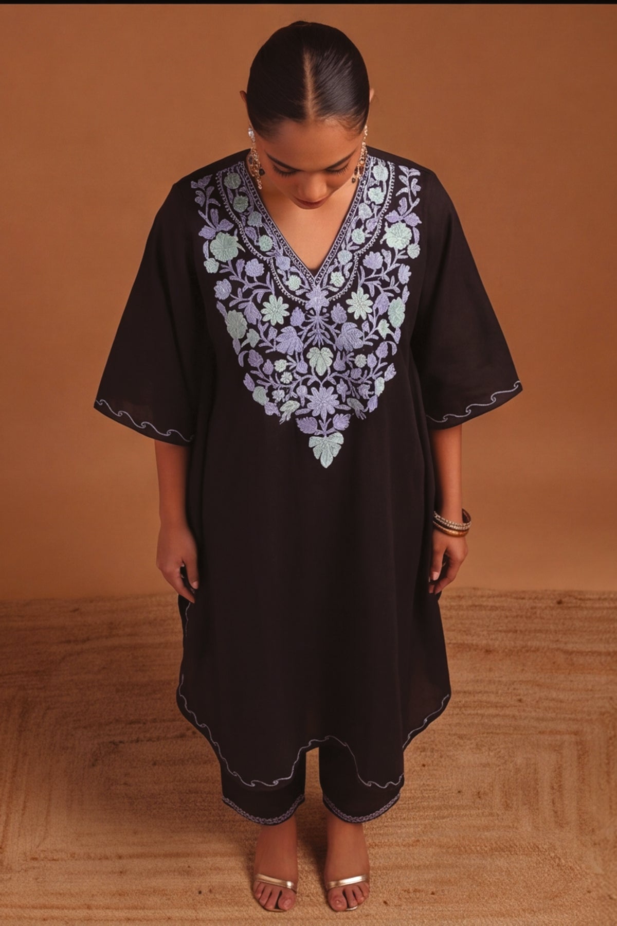Festive Floral Kashmiri Knee Length Kaftan Co-ord Set