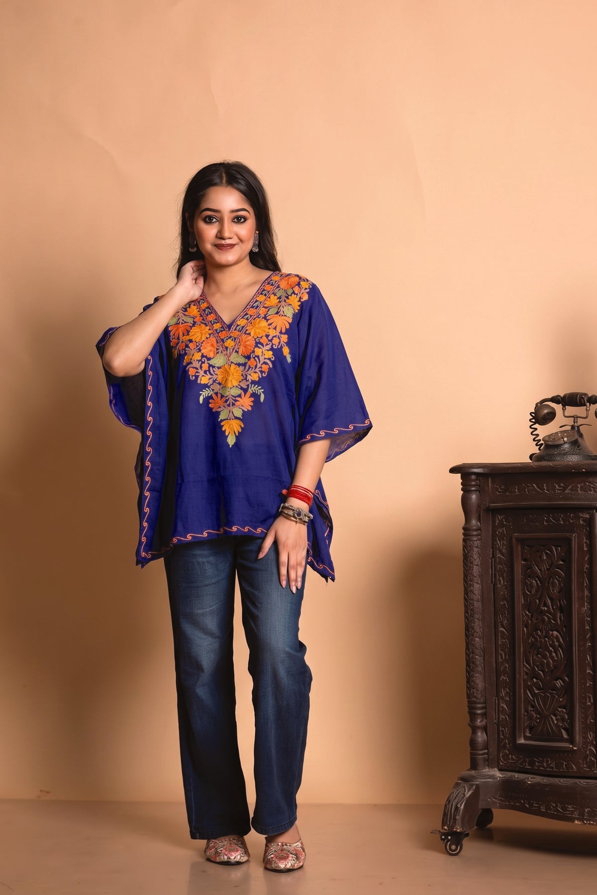 Royal Blue Kashmiri Aari Work Kaftan Top