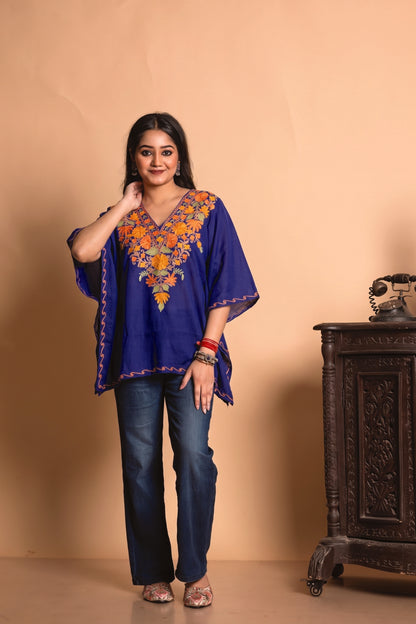 Royal Blue Kashmiri Aari Work Kaftan Top