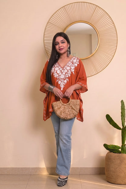 Floral Kashmiri Mini Kaftan – Festive Elegance with Aari Work