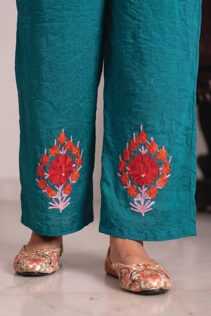 Peacock Blue Kashmiri Kaftan Coord Set –