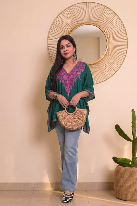 Kashmiri Green Velvet Mini Kaftan – Intricate Floral Aari Work