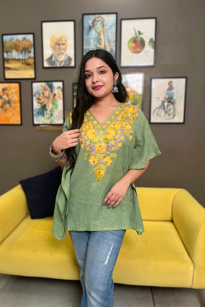 Kashmiri Aari Work Multi Green Kaftan Top